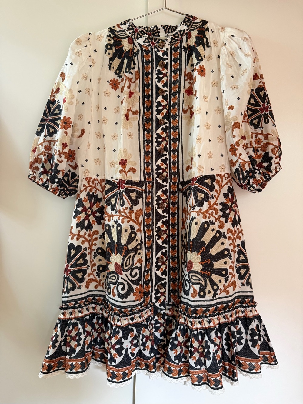 Farm Rio Flower Fan Tapestry off-white Mini Dress NWT $230 size S MISSING BELT